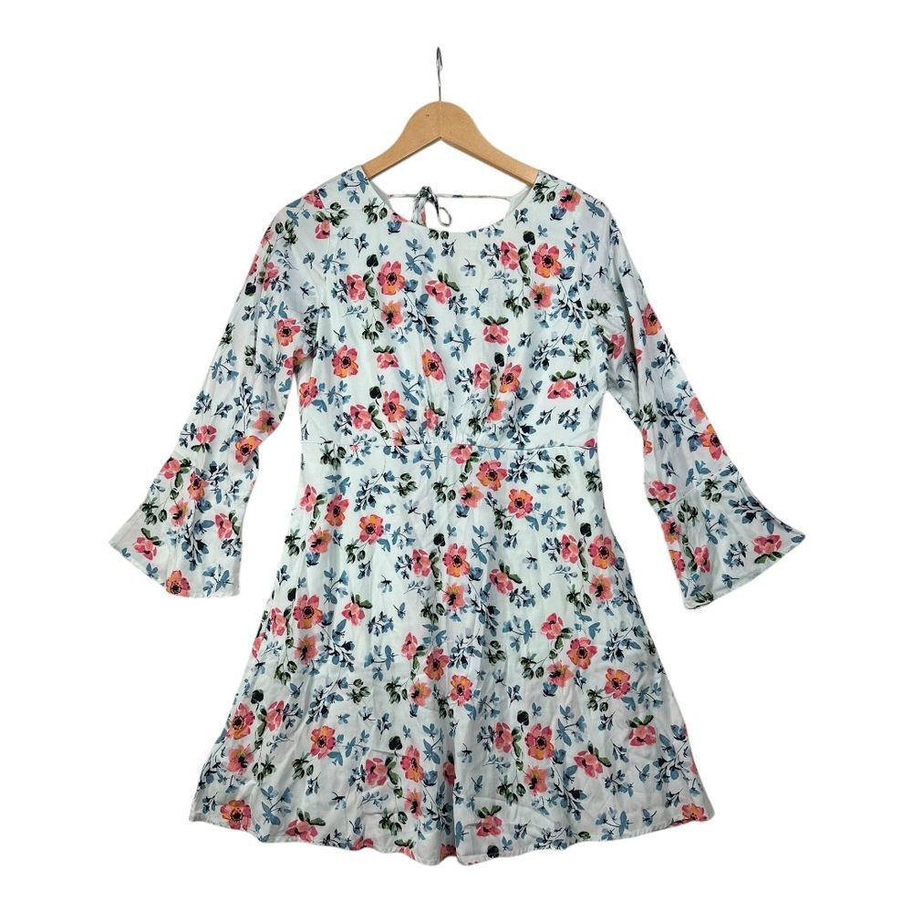 New Loft Floral Tie Back Bell Sleeve Dress size 0 White/Blue AS IS
